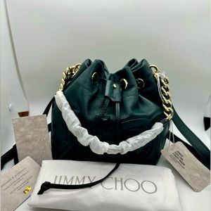 NWT! Jimmy Choo Small Green Juno Leather Embossed Choo Bucket Bag